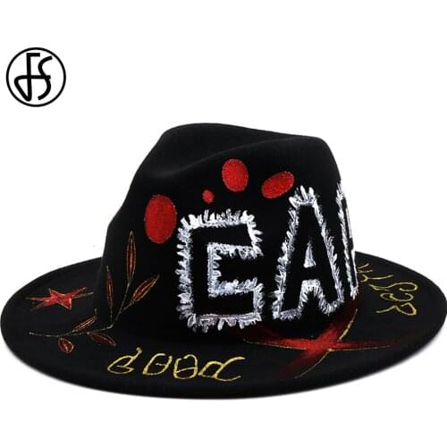 FS New Fashion Hand Drawn Painted Butterfly Graffiti Fedora Black Wide Brim Cashmere Felt Hats For Men Women Wedding Jazz Hat