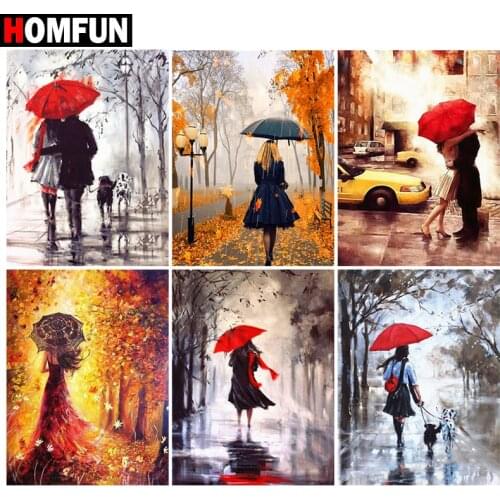 HOMFUN Paint With Diamond Embroidery "Woman umbrella maple" Diamond Painting Full Square Round Picture Of Rhinestone Decor