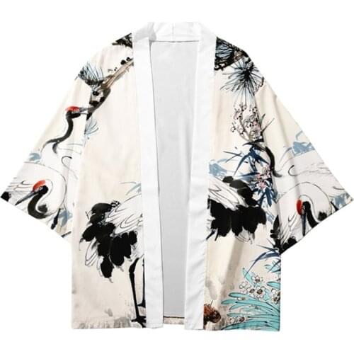 Classic Japanese Kimono Fashion Summer Crane Print Loose Shirt Popular Harajuku Streetwear Casual Women Men Kimono Couple Yukata