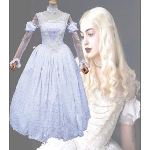 Halloween Cosplay Costume Alice in Wonderland White Queen Dress Gown WHITE