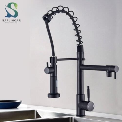 Matte Black Kitchen Sink Faucet Pull Out Stream and Sprayer Hot and Cold Water Mixer Taps Blacked Finished Spring Sink Faucet