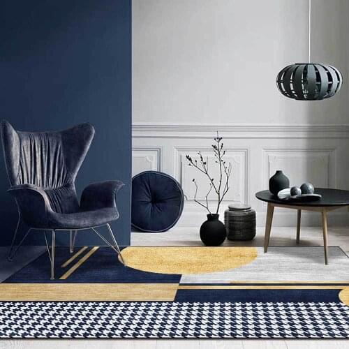 Fashion modern golden dark blue houndstooth marble geometric mosaic living room bedroom bedside carpet floor mat customization