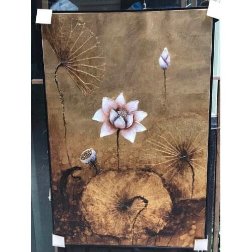 Hand Painted Gold silver Lotus Oil Painting On Canvas With Leaf Decoration Living Room