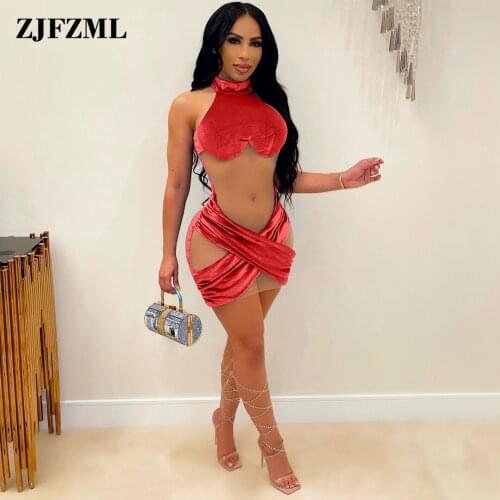 Mesh Velvet Patchwork See Through Dress Women Sexy High Necked Sleeveless Bandage Dresses Early Autumn Midnight Clubwear Robe
