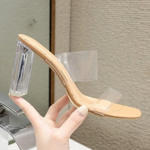 Transparent High Heels Women Square Toe Sandals Summer Shoes Woman Clear High Pumps Wedding Jelly Buty Damskie Heels Slippers