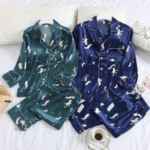 Couple Spring Pajama Set Long Sleeve Plus Size 3XL Pajamas Sets Silk Satin Pijama Sleepwear Pyjamas Nightwear homewear