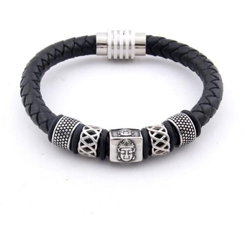 Yage Vintage Red Genuine Leather Male Charms Bracelets 316l Stainless Steel Buddha Head Bangle For Men Fashion Jewelry