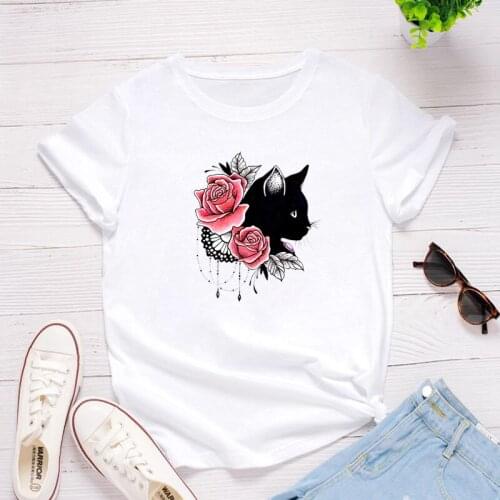 Floral and Cat Printing Woman Tshirt Summer Fashion Tee White Top Female T Shirt Woman Graphic Tee Tops