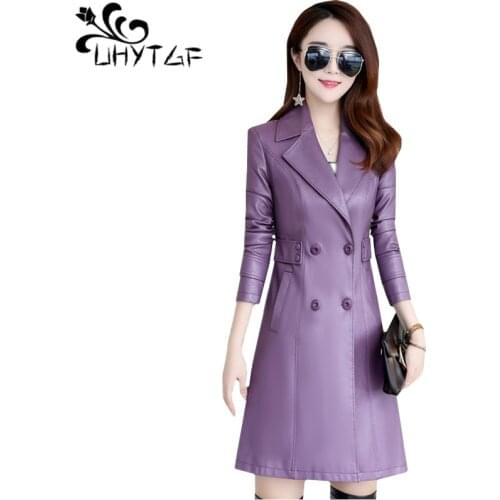 UHYTGF M-5XL Autumn Leather jacket Womens High quality sheepskin Windbreaker outerwear Double-breasted Slim long Leather jacket