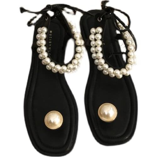 Women Sandals Black Pearl Bridal Pearl Rhinestone Flat Summer Womens Shoes Wedding Shoes sandalias Lace Up casual beach slipper