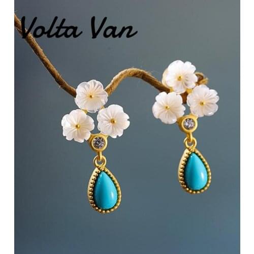 Volta Van Women Drop Earrings Pendientes Plata 925 Sterling Silver Turquoise Shell Elegant Jewelry Flower 2021 New Earrings