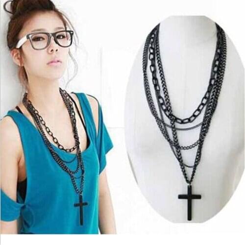 New Stylish Retro Women Cross Bib Choker Pendant Fashion Long Multilayer Chain Necklace Jewelry Girls