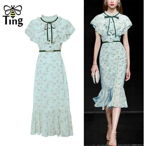 Tingfly Runway Vogue Floral Print Elegant Mermaid Party Dinner Dresses Retro Ruffles Summer Midi Aesthetic Dress Elbise Mujer