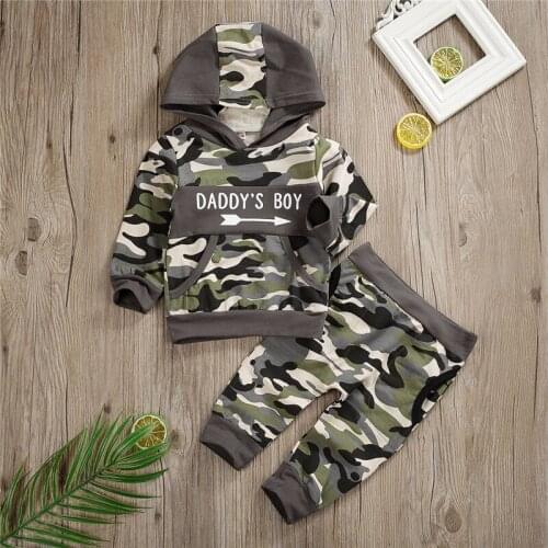 2Pcs Toddler Autumn Outfits Letter Print Camouflage Long-Sleeves Hoodie + Elastic-Waist Pants for Baby Boys