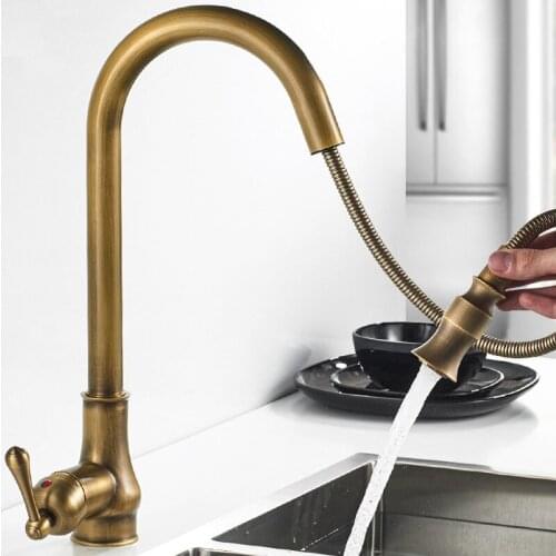 Antique Brass Kitchen Sink Faucet Hot & Cold Solid Copper Mixer Tap Pull Out Multi-Function Rotating Single Handle Deck Mounted