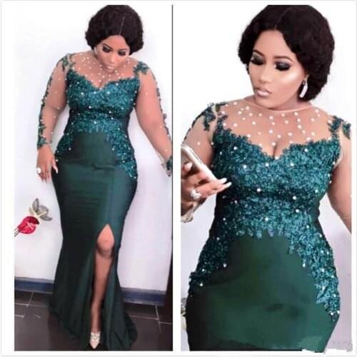 Aso Ebi Arabic Dark Green Sexy Evening Dresses 2020 Beaded Mermaid Prom Dress Sheer Neck Lace Appliques Formal Party prom Gowns