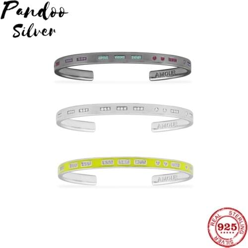Pandoo Sterling Silver Copy 1:1 Copy, Cuff Bracelet Lover Bangles Dark Grey Jewelry Punk Trendy Wrist Jewelry Yellow Open Cuff