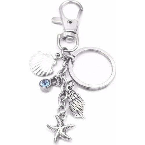 Summer Beach Lovers Bag Key Chains Shell Starfish Conch Sea Snail Birthstone Charms Keyring for Key Holder