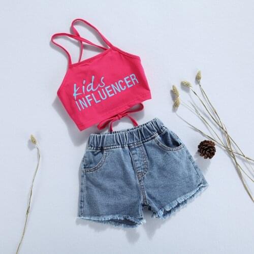 FOCUSNORM 2Pcs Kids Summer Clothes Sets Tracksuit Letters Strap Backless Tank Tops + Elastic Waist Denim Shorts Outfits 1-5Y