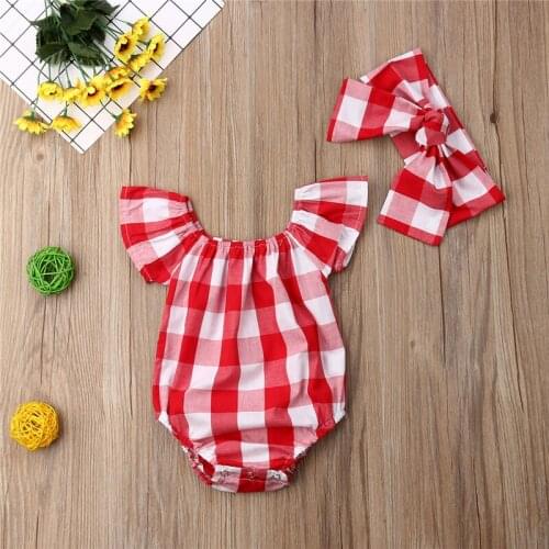Red Plaid Baby Girl Clothes+Headband Sleeveless Off Shoulder Adorable Toddler Baby Rompers Jumpsuit Summer New Born Baby Clothes