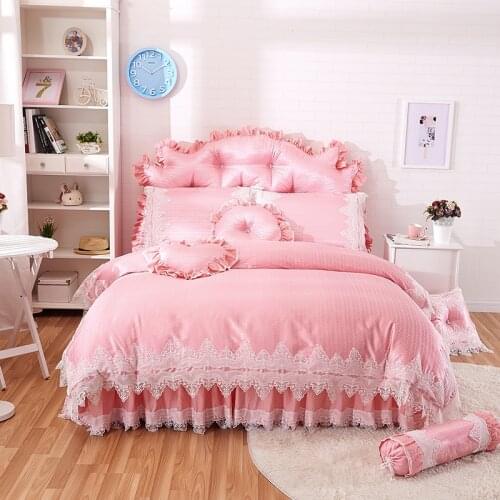 Pink princess style lace bedding sets cotton jacquard queen king size girls bedskirt+pillowcase+duvet cover set gifts 36