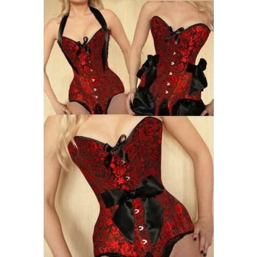 Red Brocade Corset With Bow Hot Sale Burlesque Top Lace Up Back Lingerie Bodyshaper Shapewear Waist Cincher Corsets