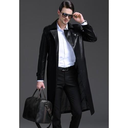 Leather coats men single-breasted long coat mens leather trench coats korean winter black suits collar casual thicken clothes
