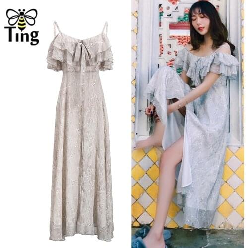 Tingfly Summer Boho Sexy Cold off Shoulder Ruffles Long Dress Strap Front Slip Maxi Dress Bohemian Casual Vestidos for Holiday