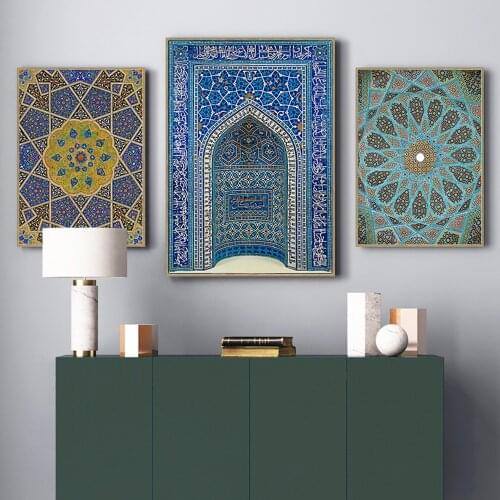 Moroccan Blue wall art Vintage Posters Prints Ceiling Hafez Tomb Retro Modern Mosque Persian Canvas Painting Pictures Home Decor