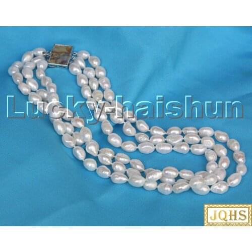 17" 13mm 3row Baroque white Freeform potato pearls necklace Abalone clasp c251