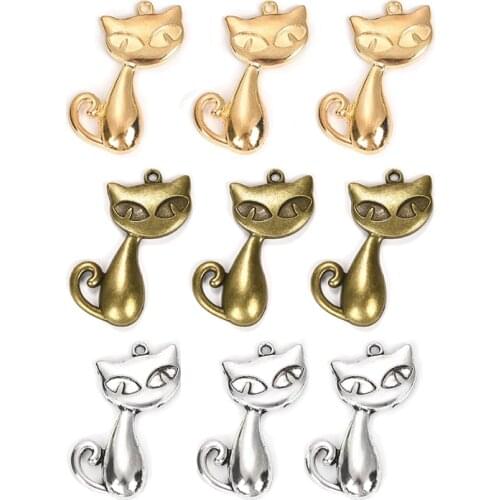 10Pcs/Lot Cat Charms Alloy Pendants Vintage Jewelry Findings For DIY Key Chain Bracelet Necklace Jewelry Jewelry Making 38x20mm