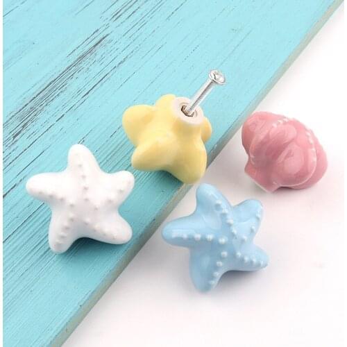 Cute cartoon colorful ceramic childrens room handle white blue yellow pink Starfish shell darwer shoe cabinet cupboard knob