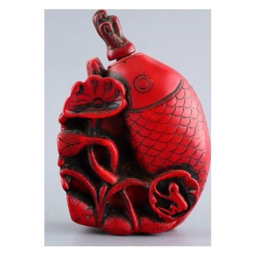 Collectable China Old Red Coral Carved Fish & Lotus Delicate Lucky Snuff Bottle