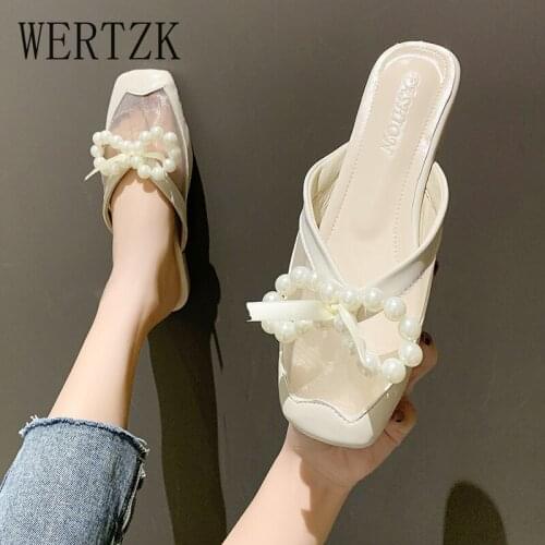String Bead Female Shoes Slippers Soft Low Luxury Slides Cover Toe Butterfly-Knot 2021 Comfort Flat Designer Rome Fabric Rubber