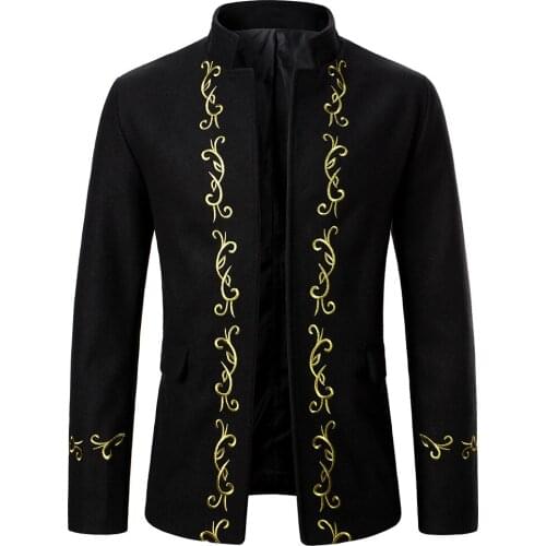 Gold Embroidery Trench Coat Men Stand Collar Mens Woolen Cardigan Jackets Coats Casual Slim Fit Party Stage Costume Homme Black