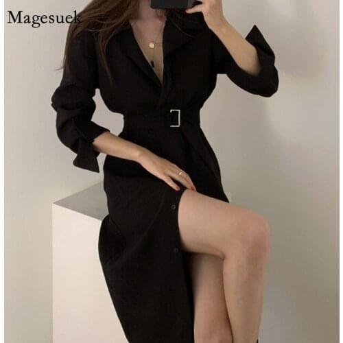 Vintage Solid Color Button Dress 2021 Spring Autumn Shirts Dress for Women Clothing Plus Size Female Long Dress with Belt 13889