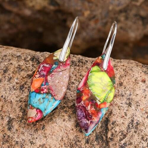 Natural Colorful Gorgeous Gems Stone Earrings for Women Leaf Shape Jaspers Dangle Earring Fashion Bold Earring Jewelry Bijoux