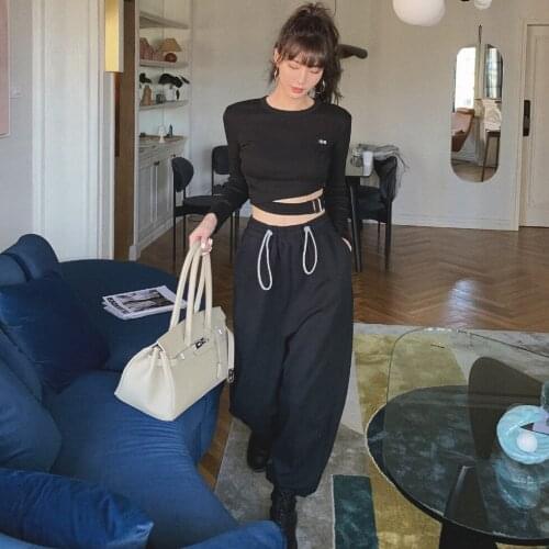 2021 Spring New Sweatpants For Women Black Solid Drawstring Waist Loose Harm Pants Streetwear Fashion Trousers Crop Tops P6394
