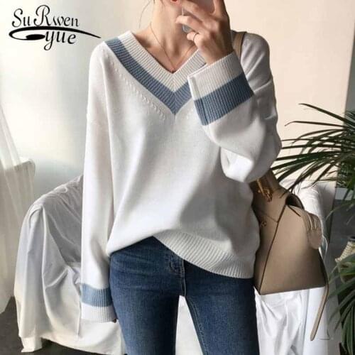 Spring White V-neck Sweater Chic Korean Pullover 2021 Autumn Winter Womens Sweaters New Casual Basic Female Jumpers All-match