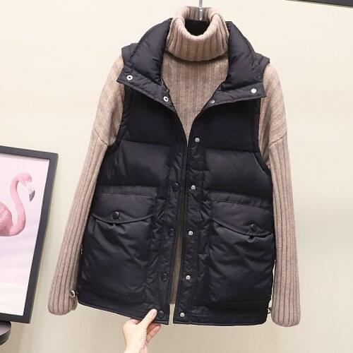 2021 Autumn Winter Women Vest Korean Fashion Big Pocket Down Cotton Sleeveless Jacket Windproof Warm Waistcoat Ladies Coat G665