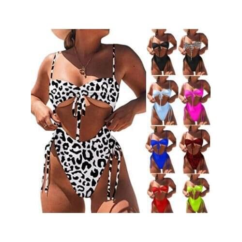 Womens High Waisted One Piece Swimsuit Leopard Print Bikini Hollow Design Sexy Urban Triangle Strappy Bow Swimming Bathing Suit