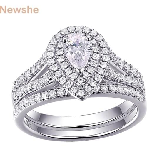 Newshe 2Pcs Wedding Ring Set Classic Jewelry Pear Shape 1.2 Carats AAA CZ 925 Sterling Silver Engagement Rings For Women 1R0004