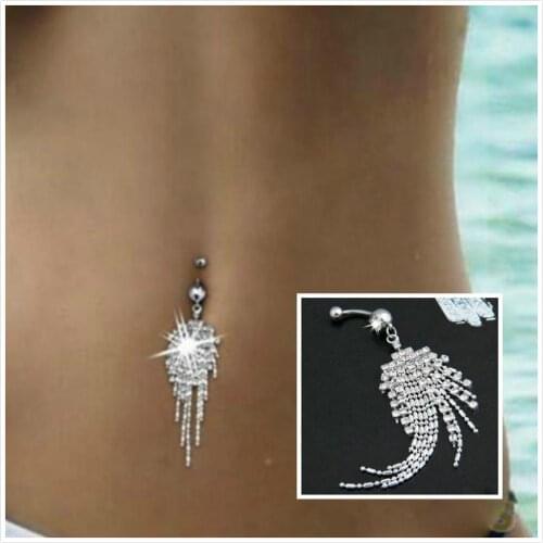 Sexy Belly Bars Belly Button Rings Belly Piercing Titanium steel CZ Crystal Tassel Rhinestone Body Jewelry Navel Piercing Rings