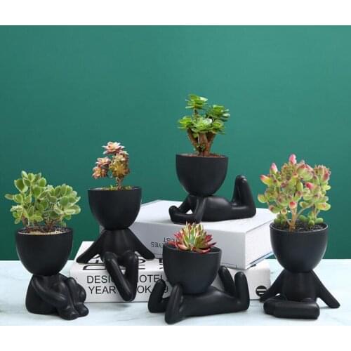 2pcs/set Modern Style Black Color Ceramic Flowerpot Succulent Plant Pot Breathable Vase with a Hole Desktop Ornaments Decoration