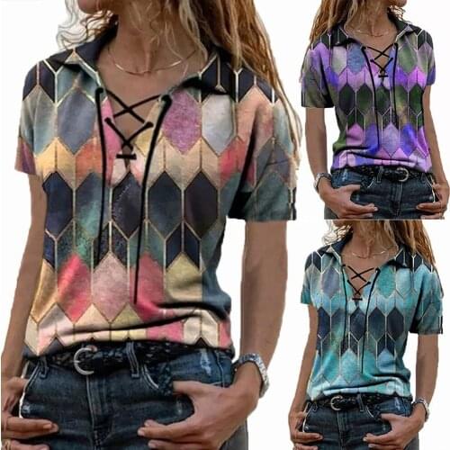 2021 womens clothing exploded in urban casual tops. Loose printed short-sleeved lace-up V-neck T-shirt