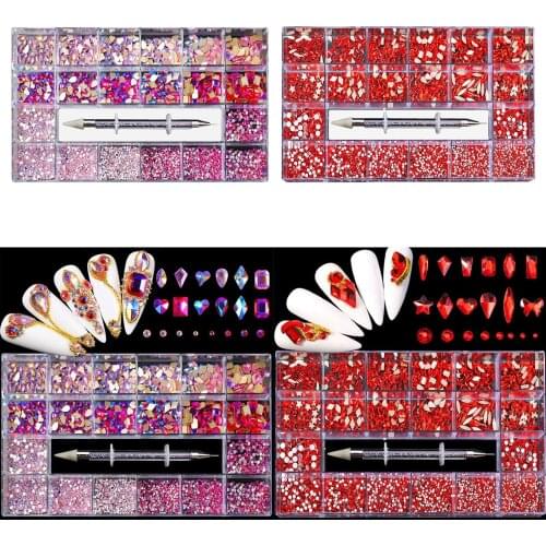 21 Grid 3D Nail Art Rhinestones Crystal Gems w/Wax Pen Craft Jewelry Making Nail Crystals Stickers Nail Dotting Pen