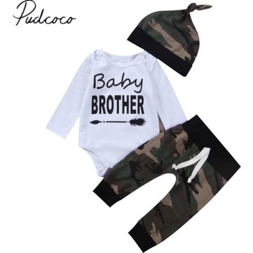 2019 Baby Spring Autumn Clothing 3PCS Newborn Baby Boy Winter Clothes Cotton Tops Letter Romper+Camo Pants Hats 3Pcs Outfit Set