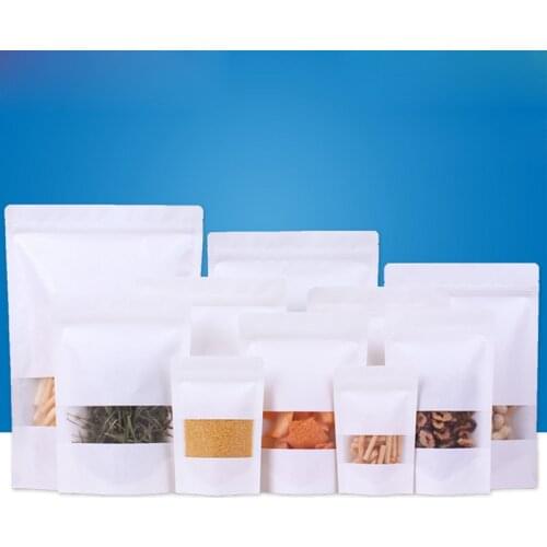 50pcs/lot White Kraft Paper Bags with Open Window Stand Up Zipper/zip Lock Tea Dried Fruit Gift Packaging Customizable logo