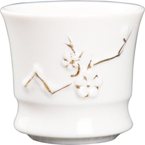 White Jade Tea Cup Porcelain Hand Painted Teacup Large Celadon Gold Simple Relief Plum Tea Bowl