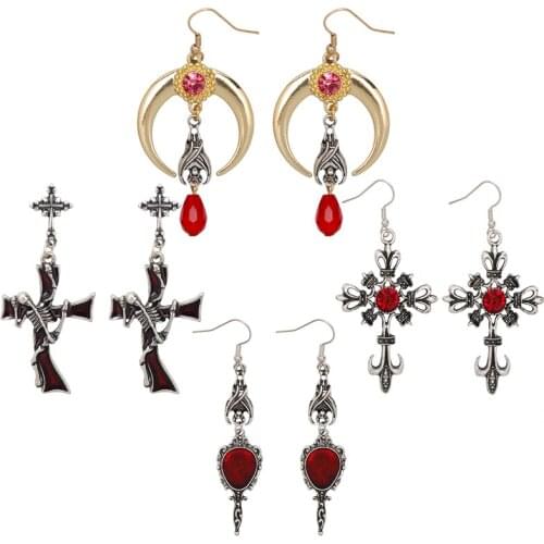 Goth Earrings for Women Girl Halloween Jewelry Hanging Bat Cross Skull Drop Earring Gift